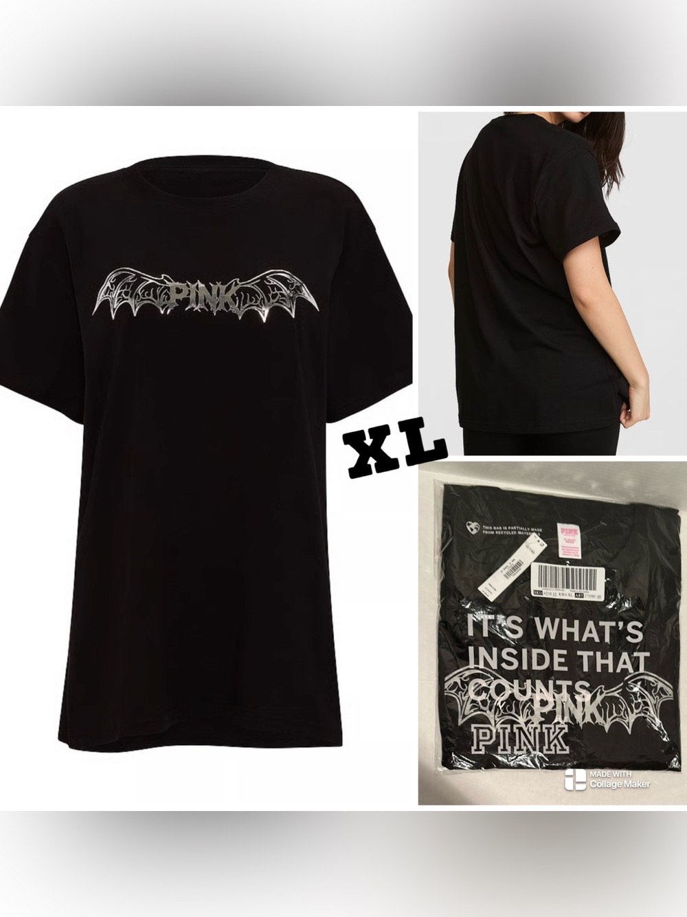 VS PINK NWT Limited Edition Pure Black Bat Wing Campus Cotton S/S Tee
